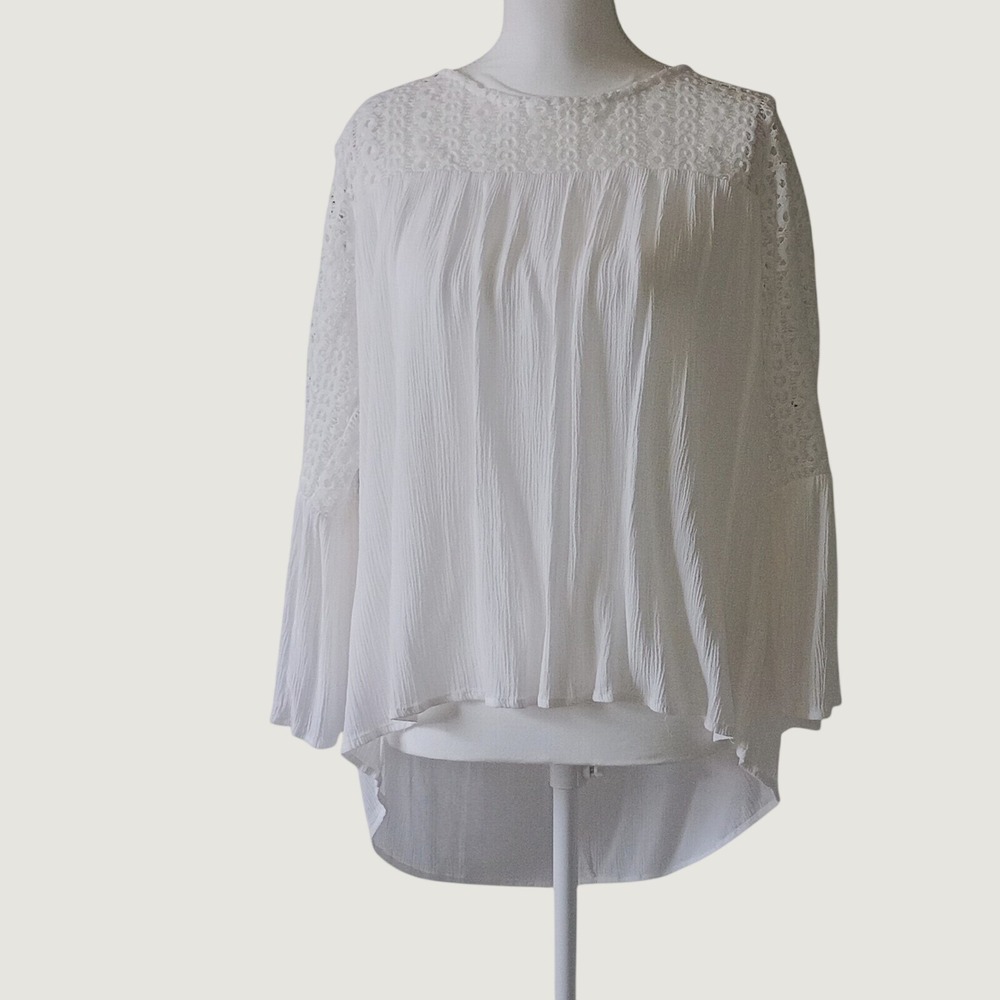 Cowgirl Hardware White Crochet Lace Bell Sleeve Gauze Blouse Large Western Boho